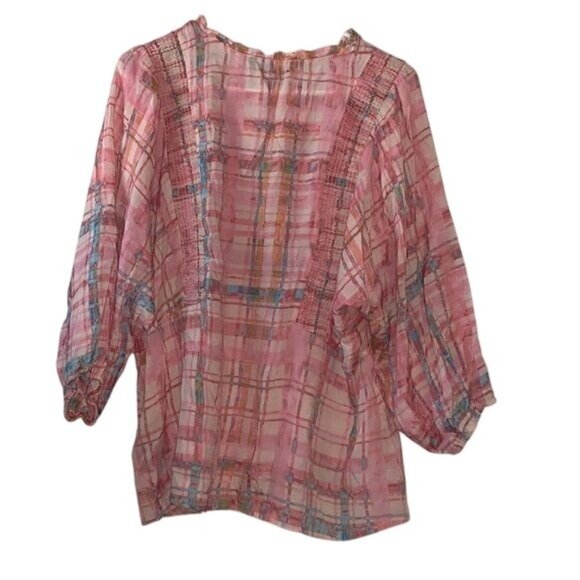 Zac & Rachel Womens Pink Plaid Sheer Peasant Blouse XL - Picture 8 of 11